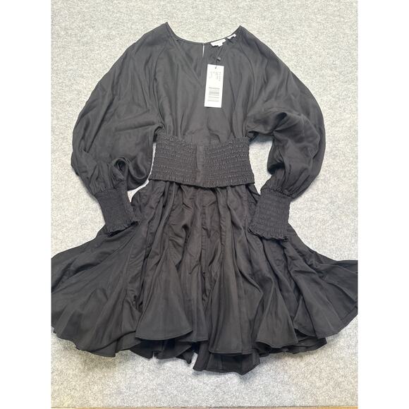 Rhode Olivia Black Smocked Waist Mini Dress XS NWT Long Sleeve Ruffle Hem - Picture 1 of 9